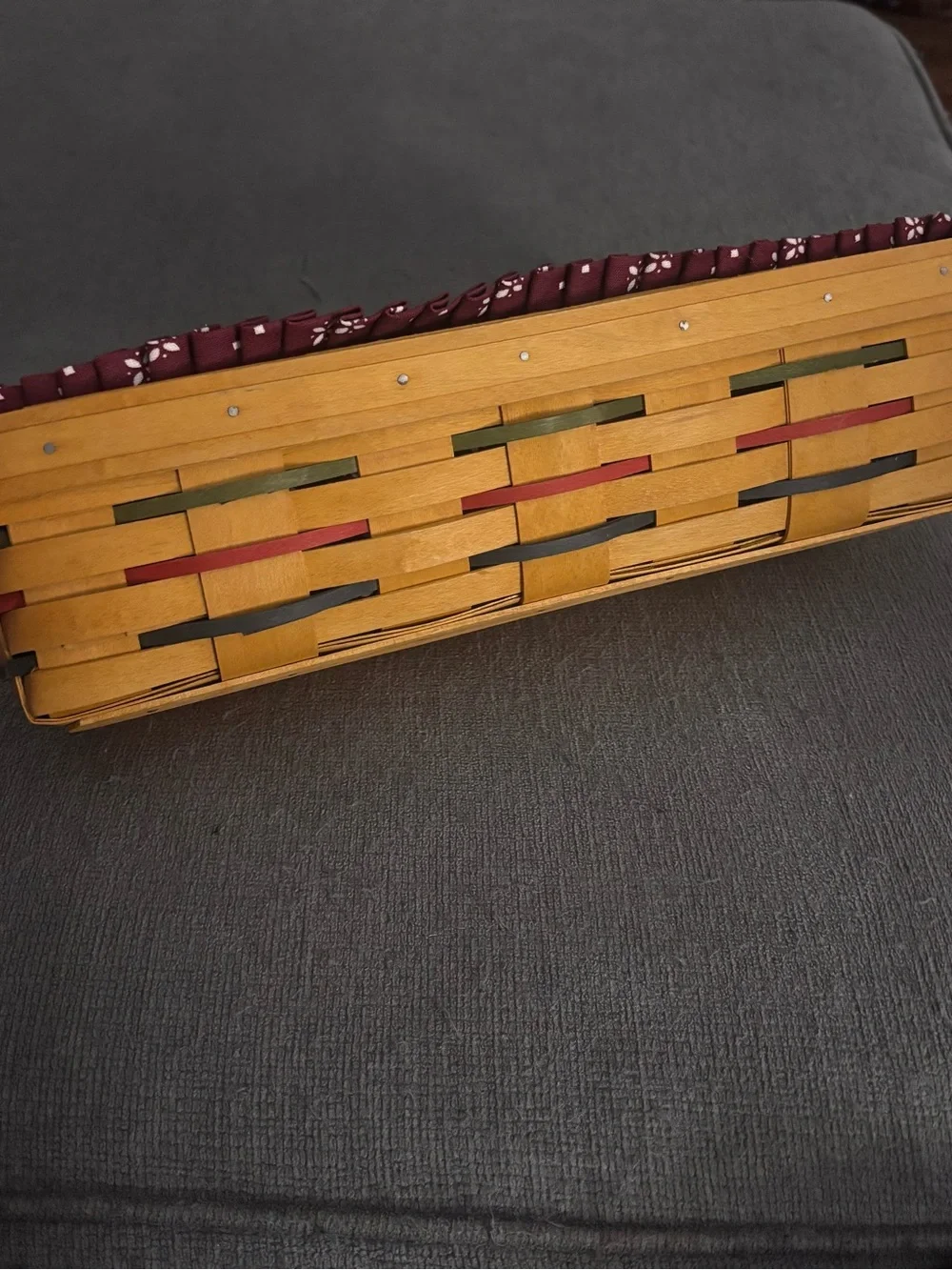 Vintage 1999 Longaberger Woven Basket with Maroon Floral Lined Basket Interior